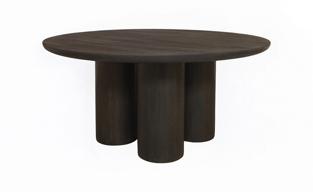 Seven Piece Dark Brown Round Solid Wood Dining Set with Six Chairs