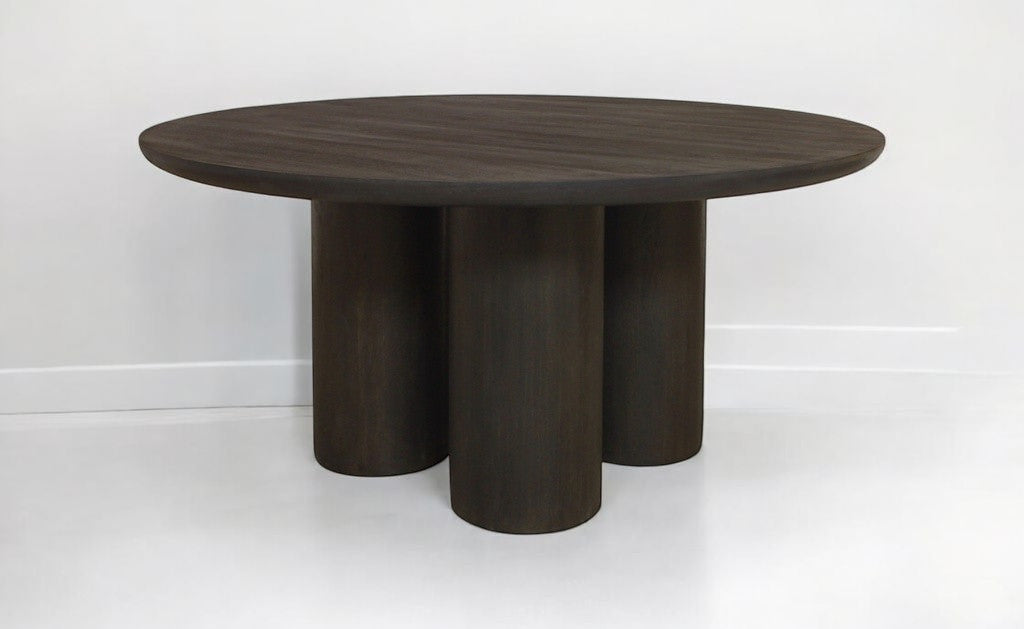 Seven Piece Dark Brown Round Solid Wood Dining Set with Six Chairs