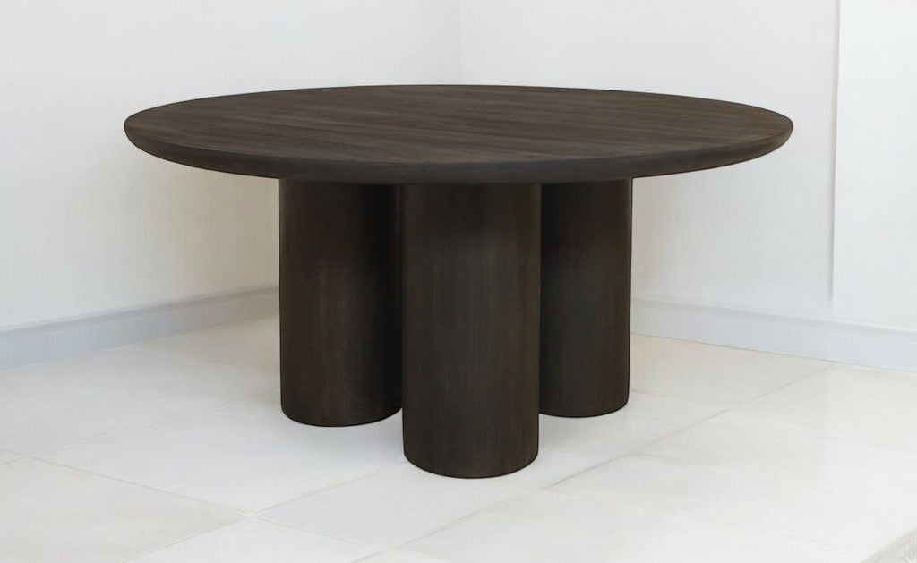 Seven Piece Dark Brown Round Solid Wood Dining Set with Six Chairs