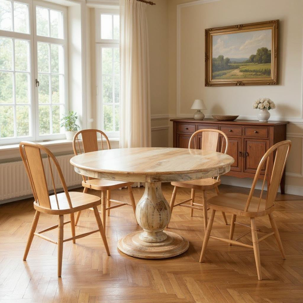 Five Piece Natural Round Solid Wood Dining Set with Four Chairs