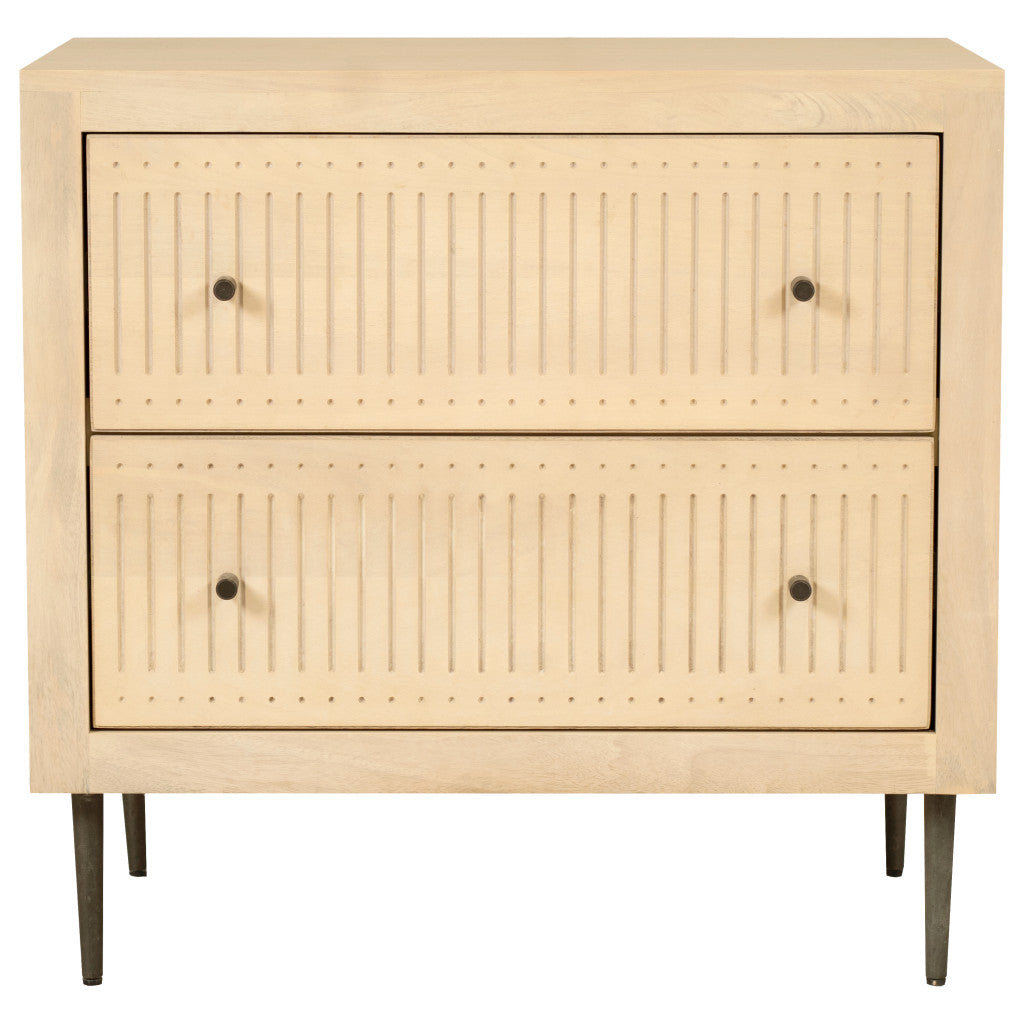28" Natural Solid Wood Distressed Carved Geometric Two Drawer Nightstand
