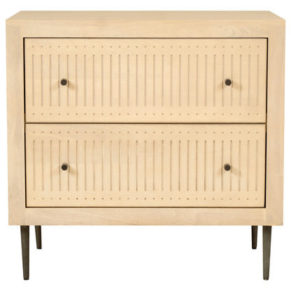 28" Natural Solid Wood Distressed Carved Geometric Two Drawer Nightstand