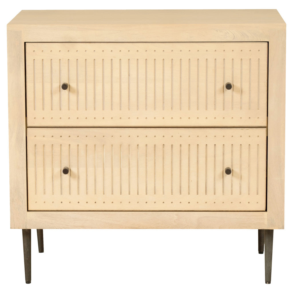 28" Natural Solid Wood Distressed Carved Geometric Two Drawer Nightstand