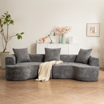 Modern Style Curved Sofa, Soft Corduroy Sofa With 3 Pillows, Living Room Milky White Ultra Smooth Curved Fabric Sofa