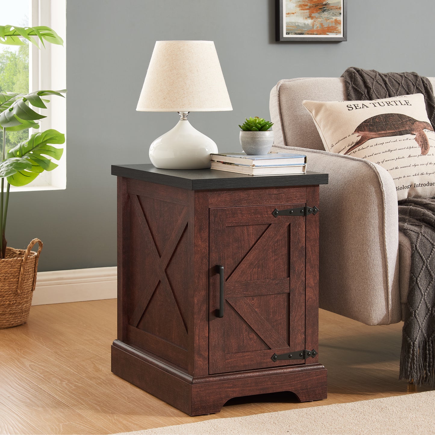Farmhouse End Table Nightstand Rectangular Farmhouse End Table With Barn Door And Adjustable Storage Shelf, Rustic Sofa Side Table For Living Room, Bedroom, OAK