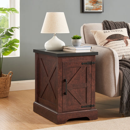 Farmhouse End Table Nightstand Rectangular Farmhouse End Table With Barn Door And Adjustable Storage Shelf, Rustic Sofa Side Table For Living Room, Bedroom, OAK