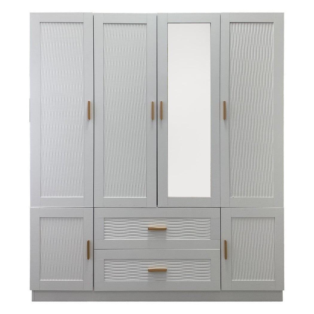 75" White Ribbed Texture Wood Mirrored Six Door Two Drawer Combo Dresser