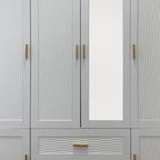 75" White Ribbed Texture Wood Mirrored Six Door Two Drawer Combo Dresser