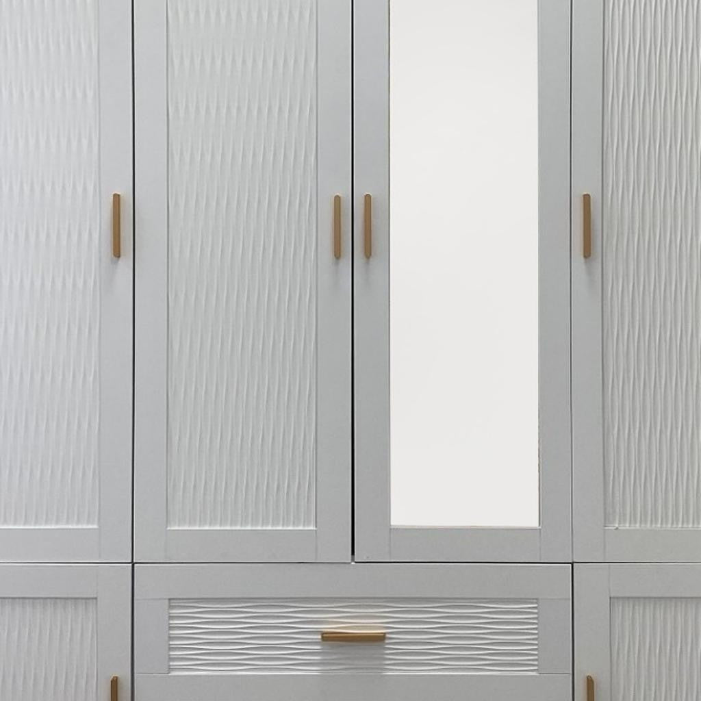 75" White Ribbed Texture Wood Mirrored Six Door Two Drawer Combo Dresser