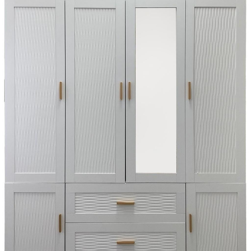 75" White Ribbed Texture Wood Mirrored Six Door Two Drawer Combo Dresser