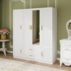 75" White Ribbed Texture Wood Mirrored Six Door Two Drawer Combo Dresser