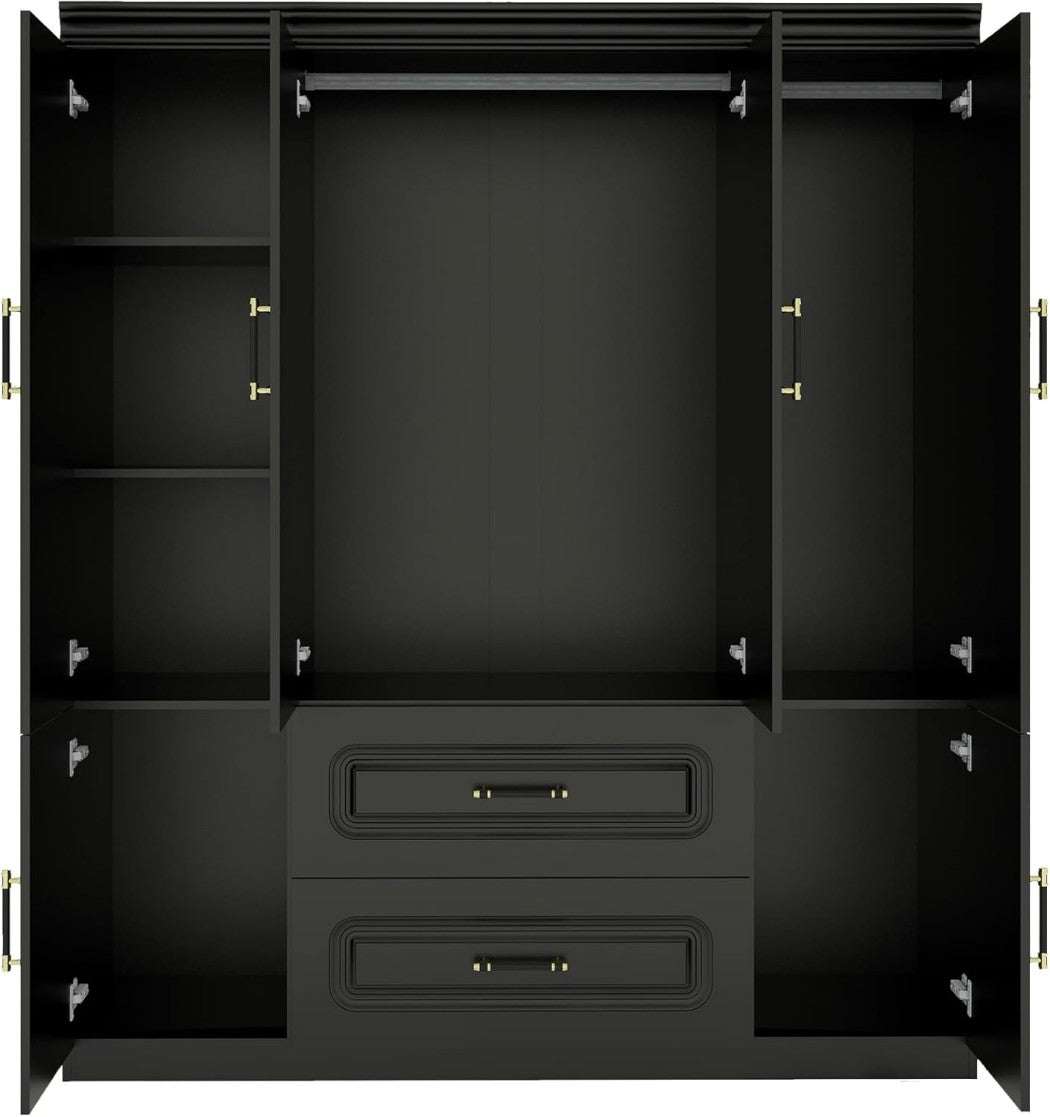 71" Black Wood Six Door Two Drawer Combo Dresser