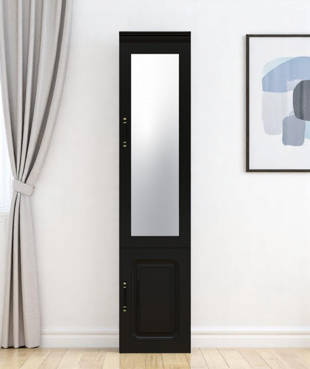 71" Black Wood Mirrored Two Door Combo Dresser