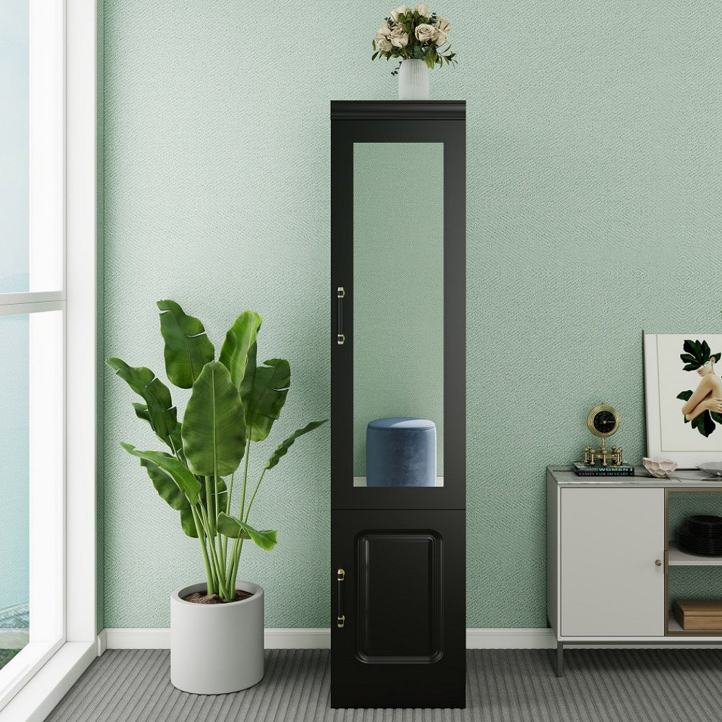 71" Black Wood Mirrored Two Door Combo Dresser