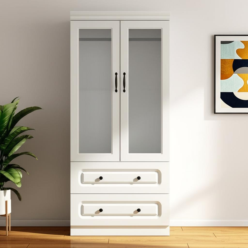 71" White Wood Two Door Two Drawer Combo Dresser