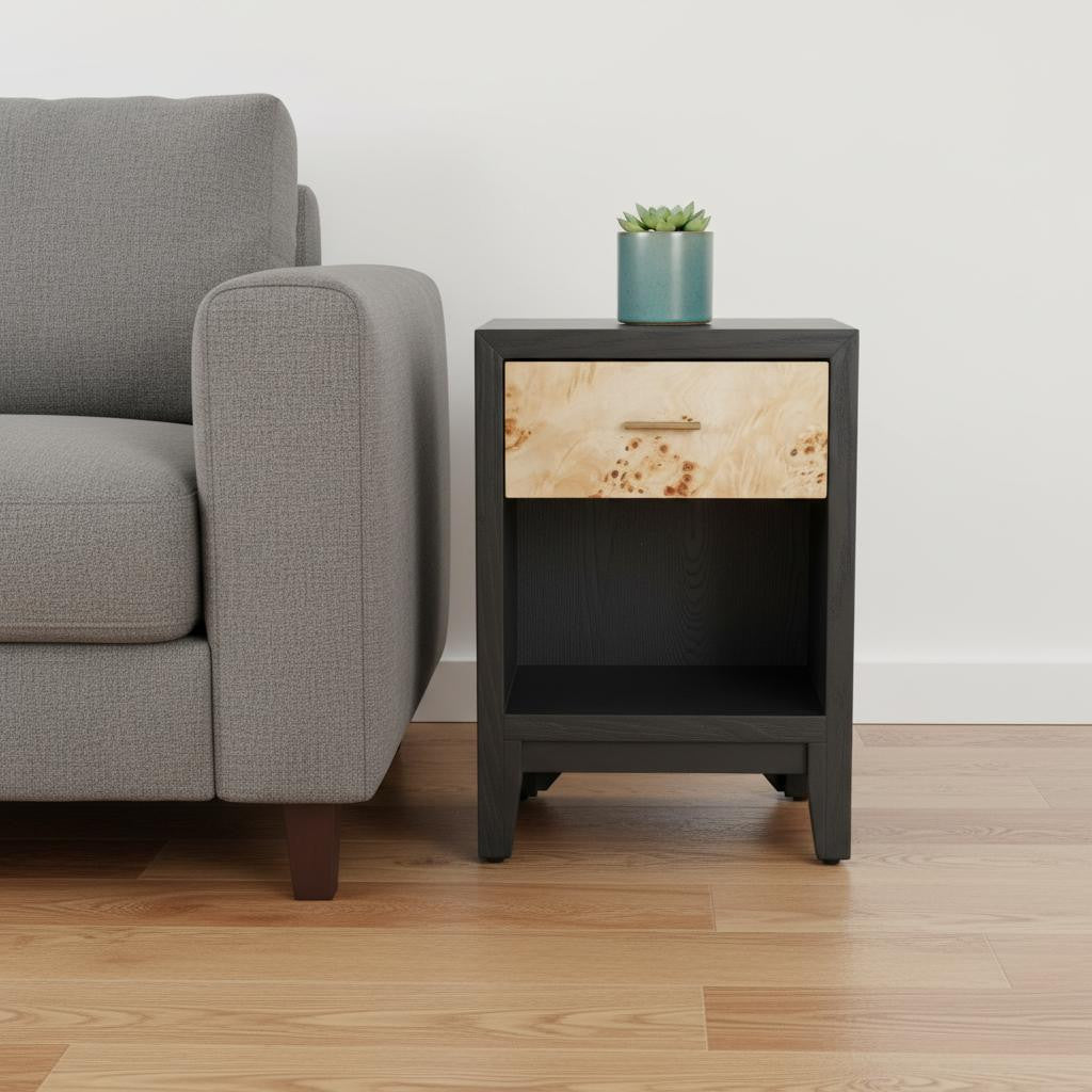 22" Black Solid Wood Pedestal End Table With Drawer