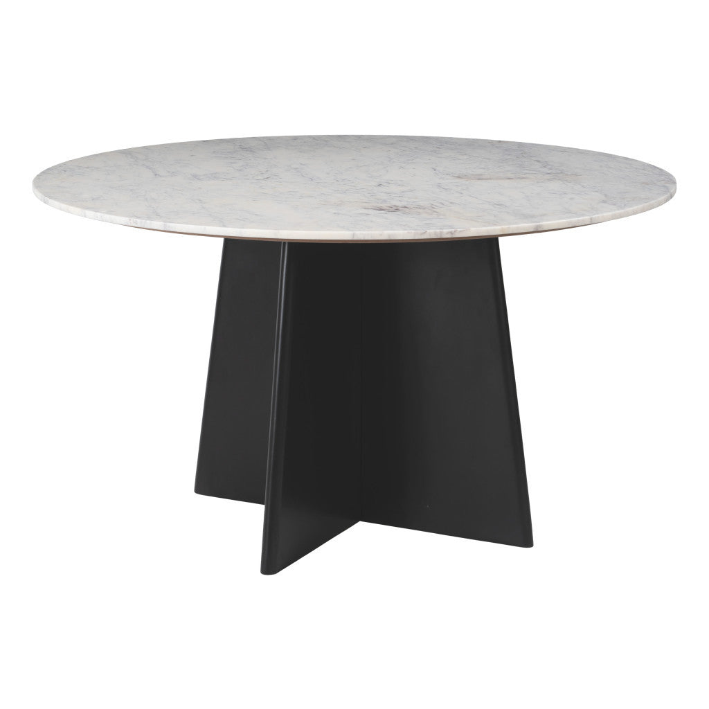 51" White Marble and Wood Pedestal Base Round Top Dining Table