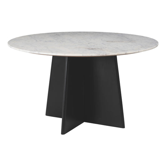 51" White Marble and Wood Pedestal Base Round Top Dining Table