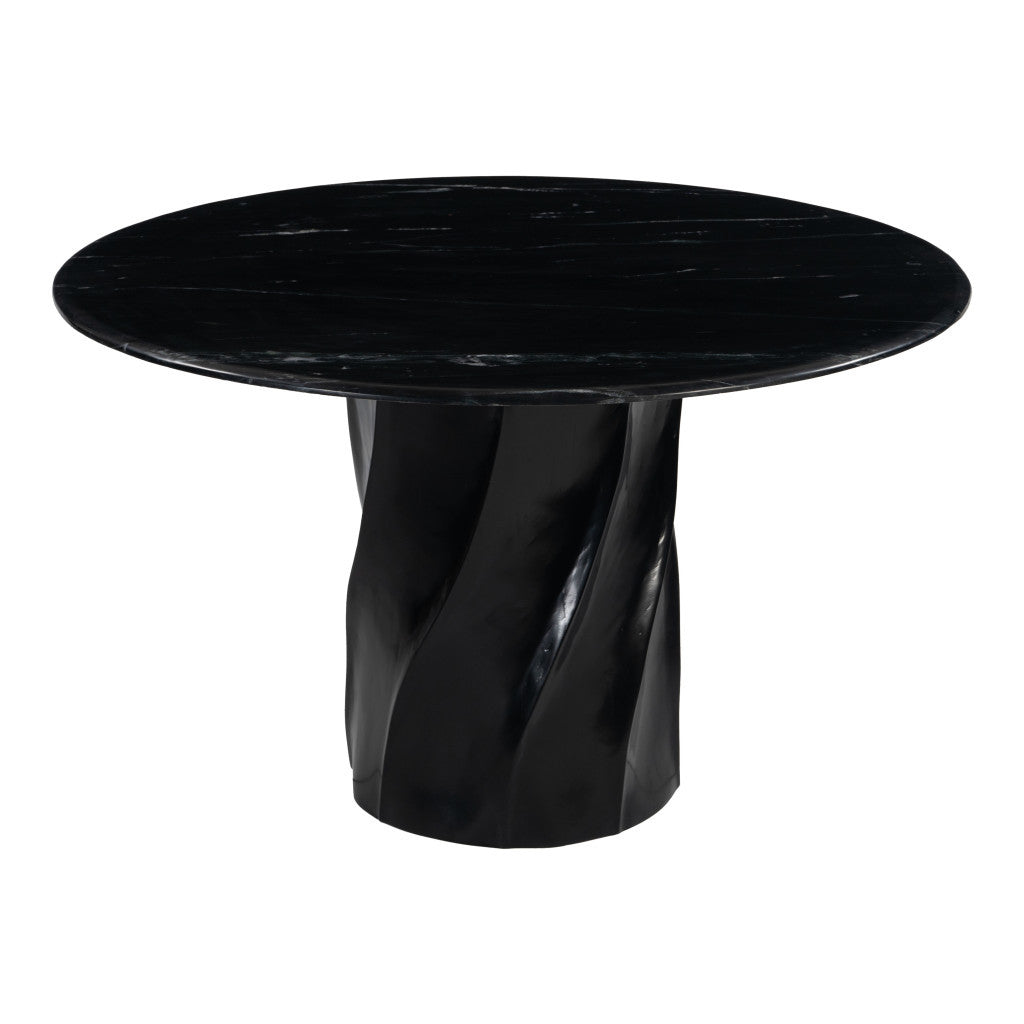 48" Black Marble and Wood Pedestal Base Round Top Dining Table