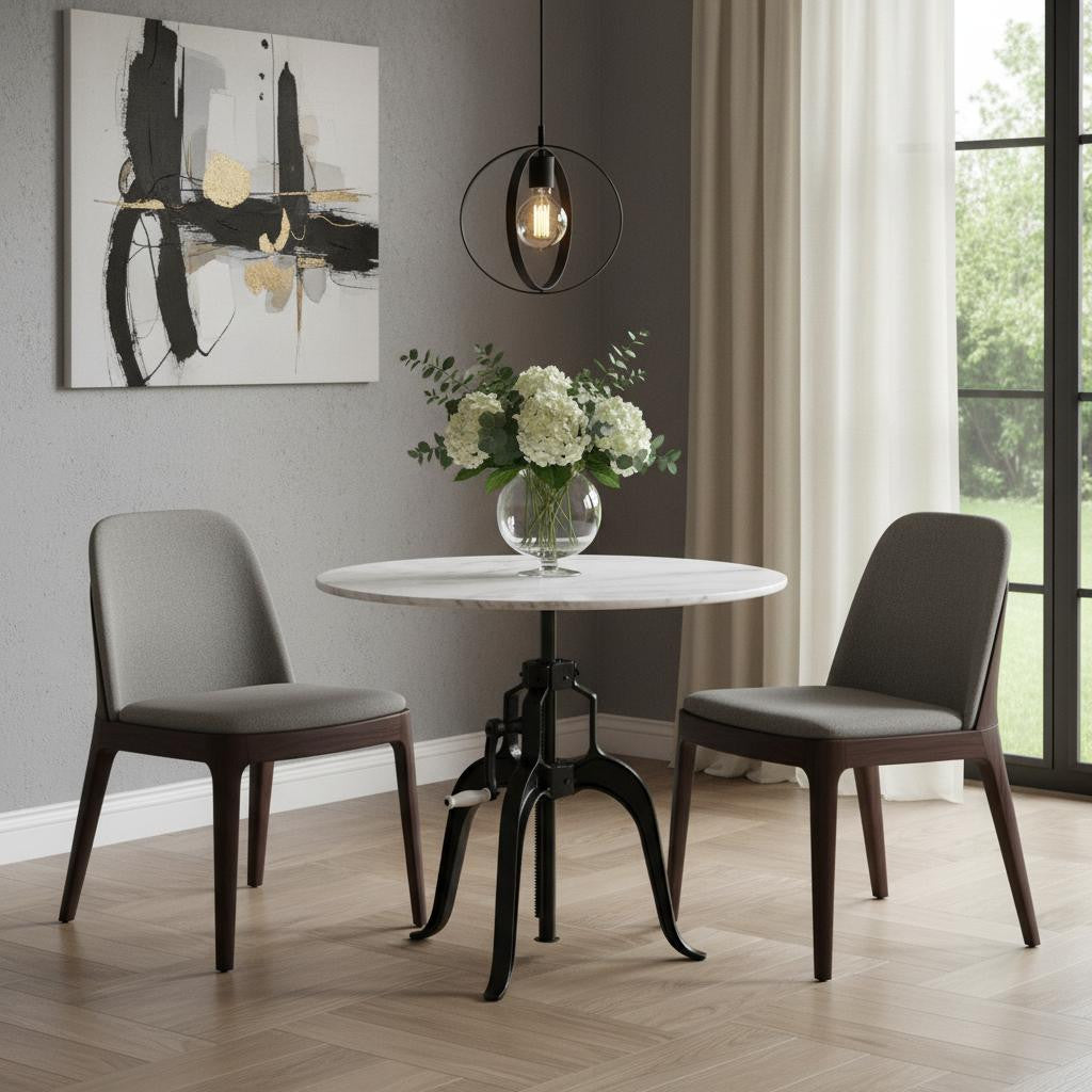 Adjustable Height White Marble and Wood Pedestal Base Round Top Dining Table