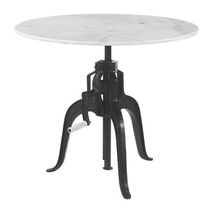 Adjustable Height White Marble and Wood Pedestal Base Round Top Dining Table