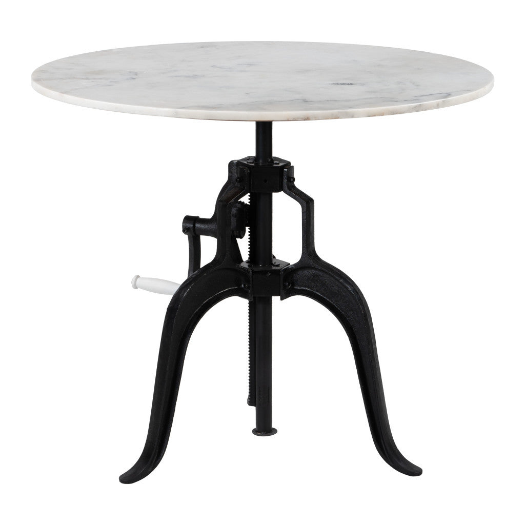 Adjustable Height White Marble and Wood Pedestal Base Round Top Dining Table