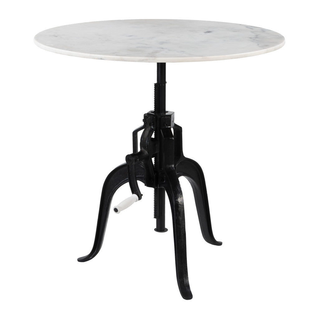 Adjustable Height White Marble and Wood Pedestal Base Round Top Dining Table
