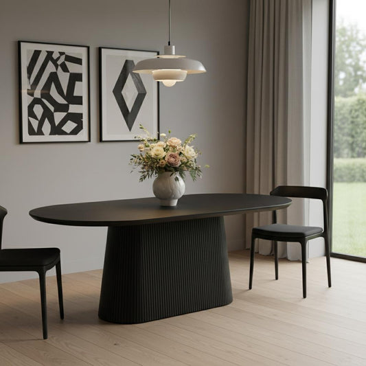 81" Black Solid Wood and Wood Pedestal Base Oval Dining Table