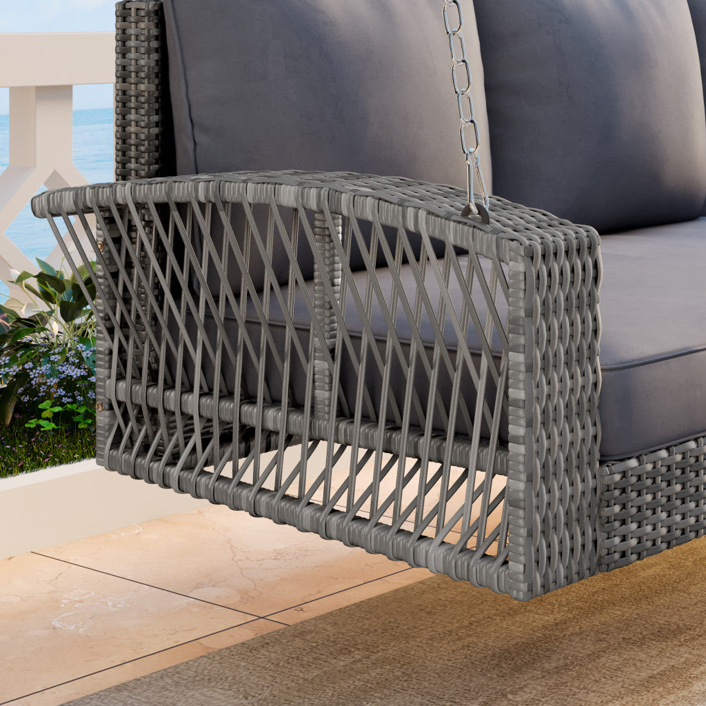 69" Gray Woven Rattan Outdoor Swing Chair with Gray Cushion