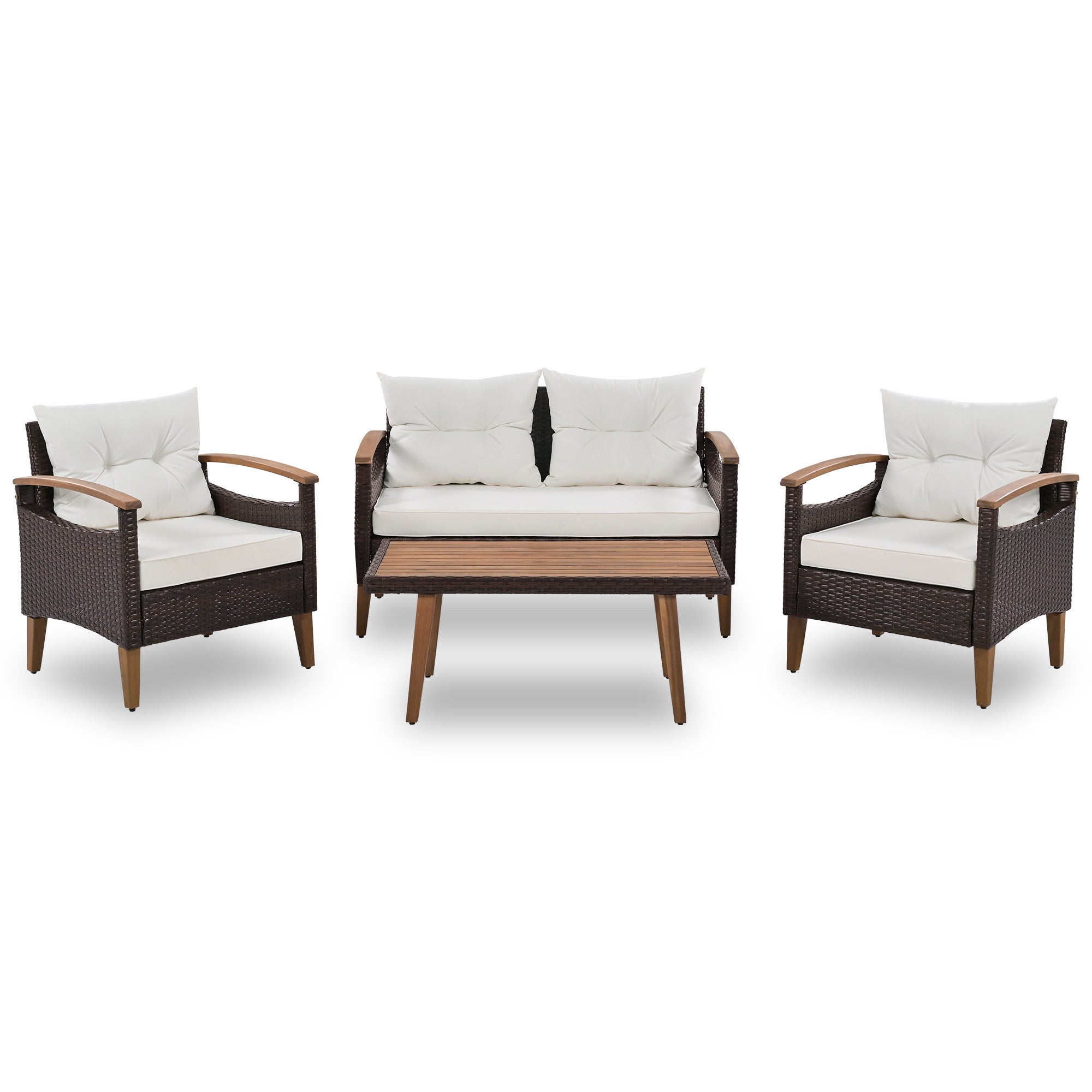 Three Piece Outdoor Beige Rattan Sofa Seating Group with Beige Cushions