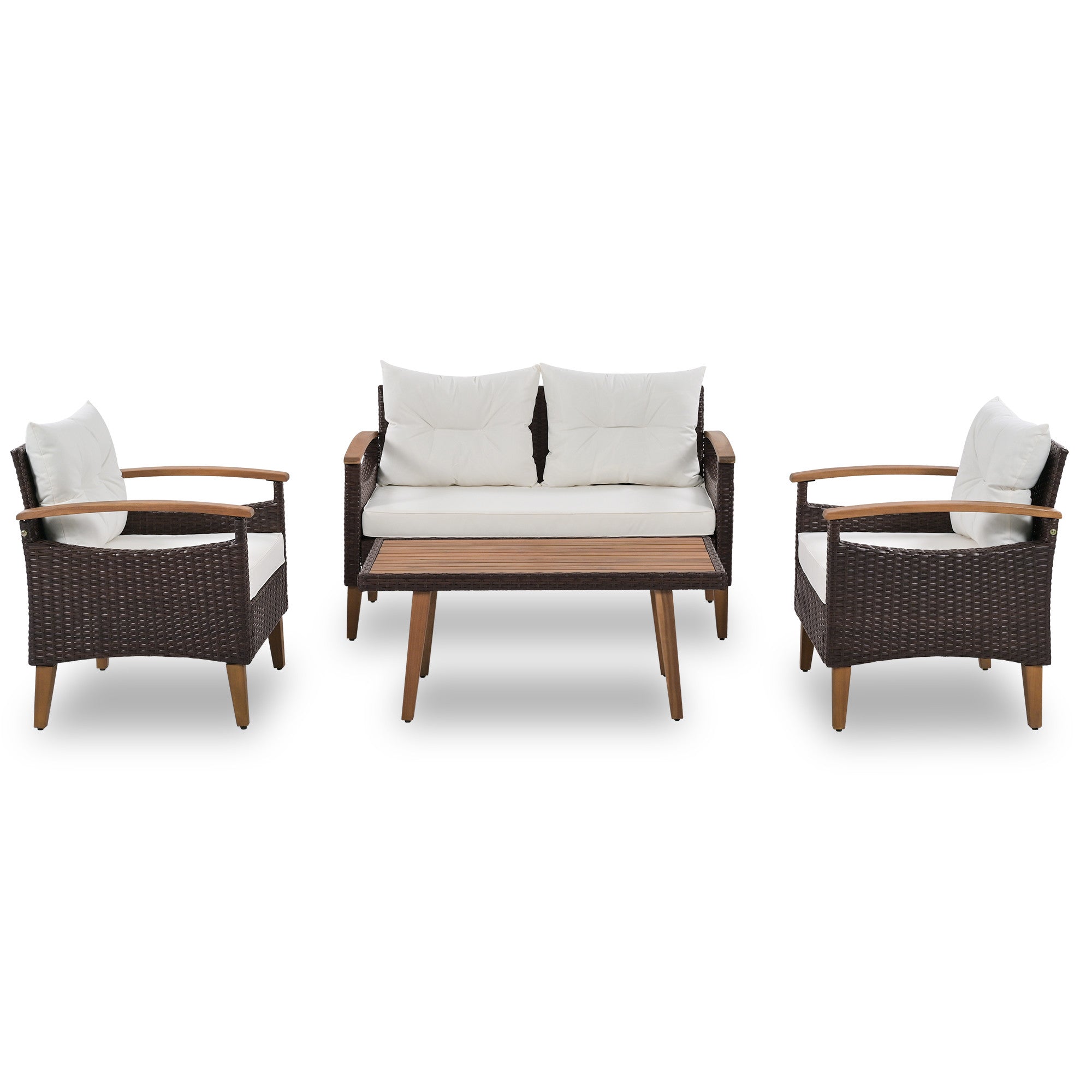 Three Piece Outdoor Beige Rattan Sofa Seating Group with Beige Cushions