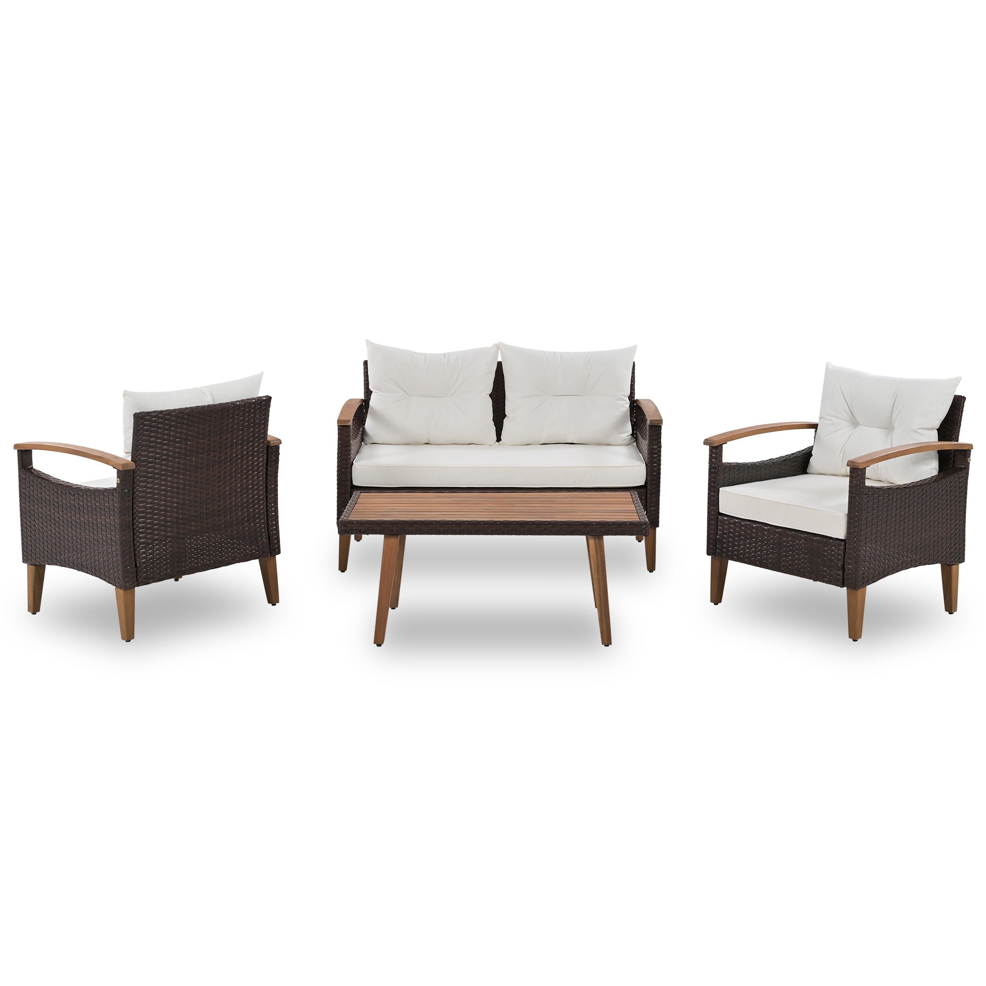Three Piece Outdoor Beige Rattan Sofa Seating Group with Beige Cushions