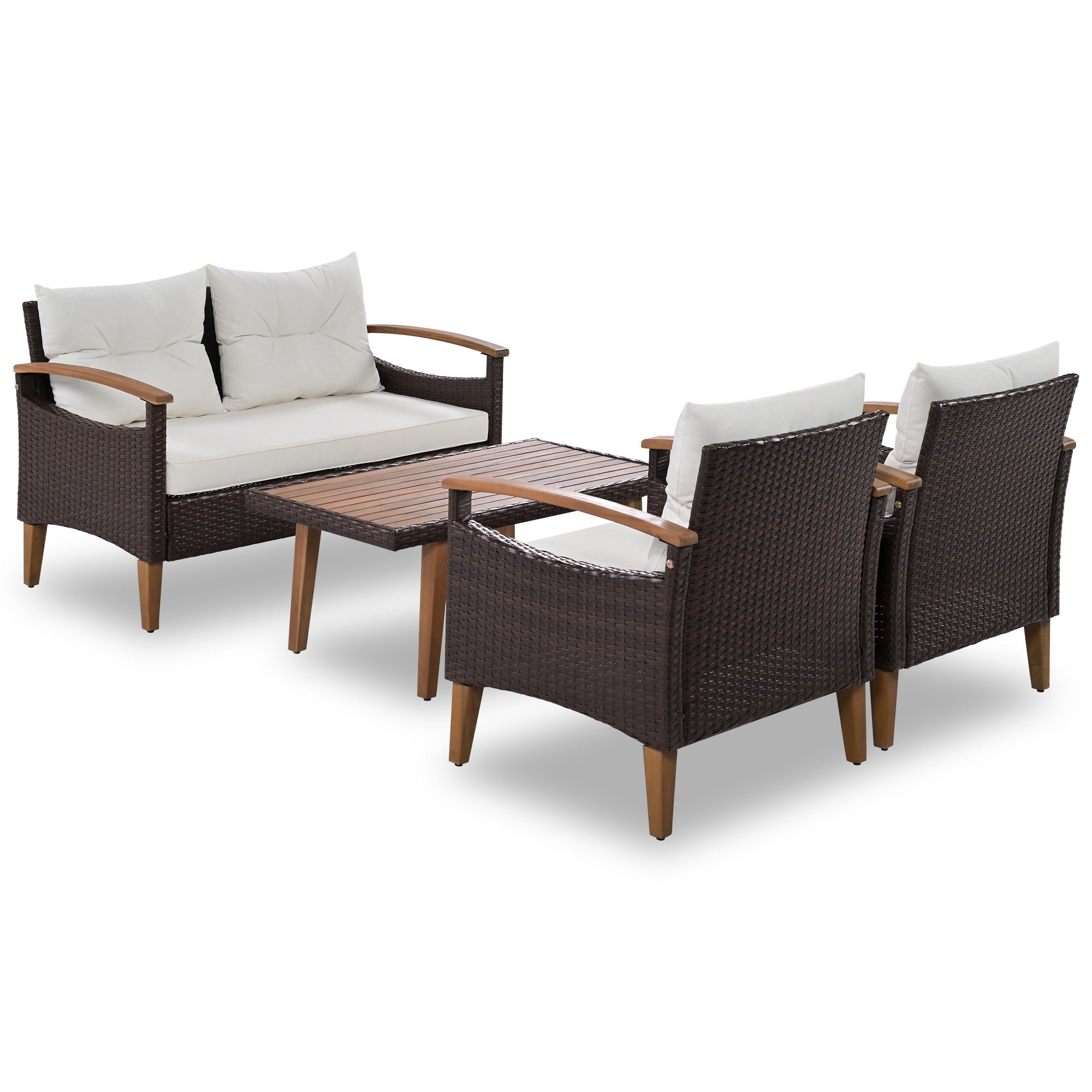 Three Piece Outdoor Beige Rattan Sofa Seating Group with Beige Cushions