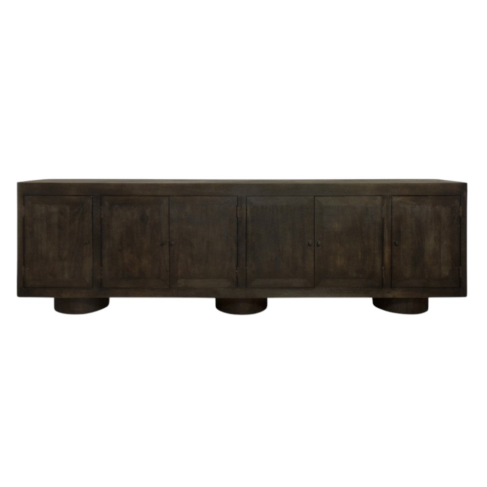 108" Dark Brown Distressed Solid Wood Sideboard Soft Close with Six Doors