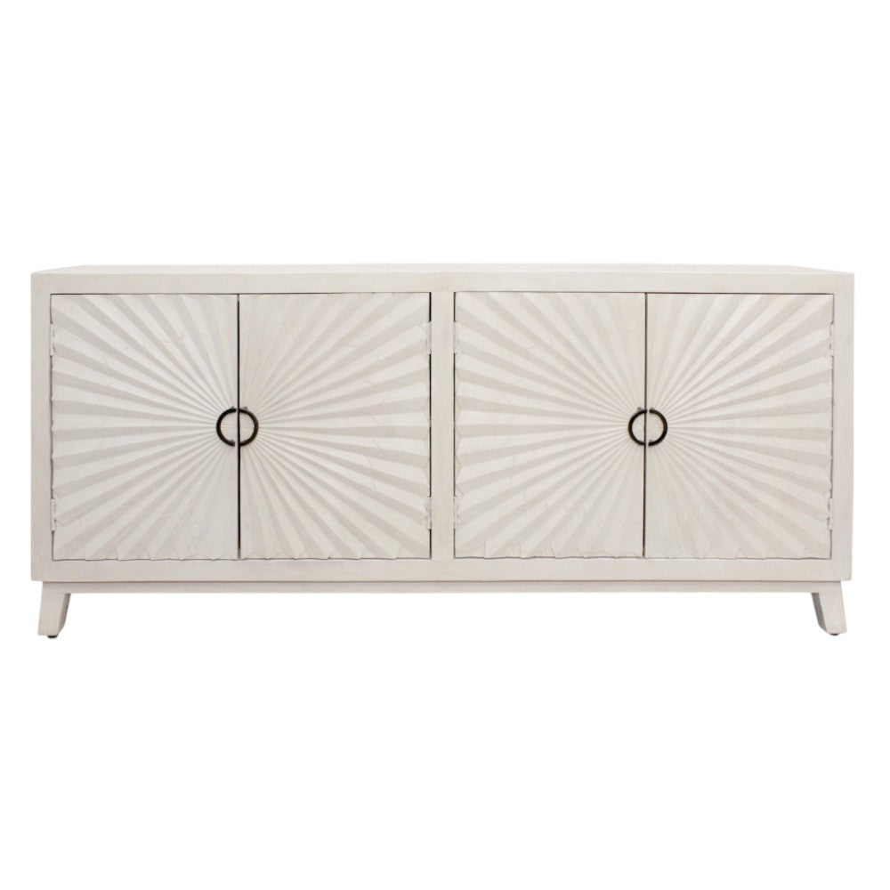 76" Ivory Distressed Solid Wood Carved Geometric Sideboard with Four Doors