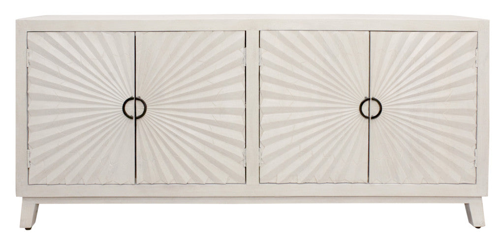 76" Ivory Distressed Solid Wood Carved Geometric Sideboard with Four Doors