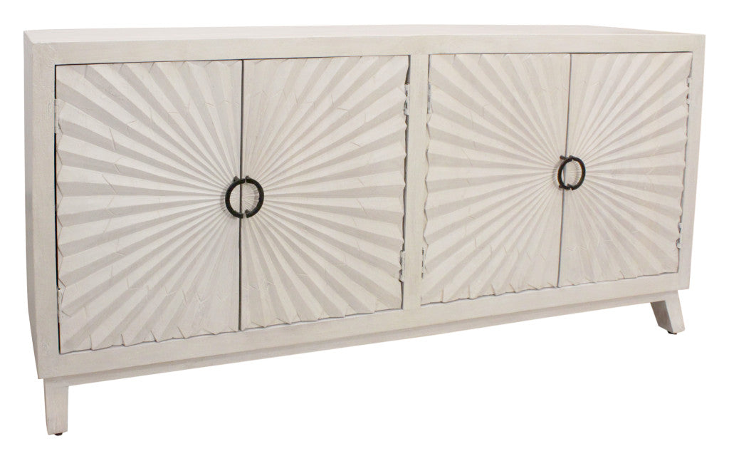 76" Ivory Distressed Solid Wood Carved Geometric Sideboard with Four Doors