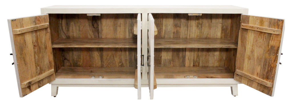 76" Ivory Distressed Solid Wood Carved Geometric Sideboard with Four Doors