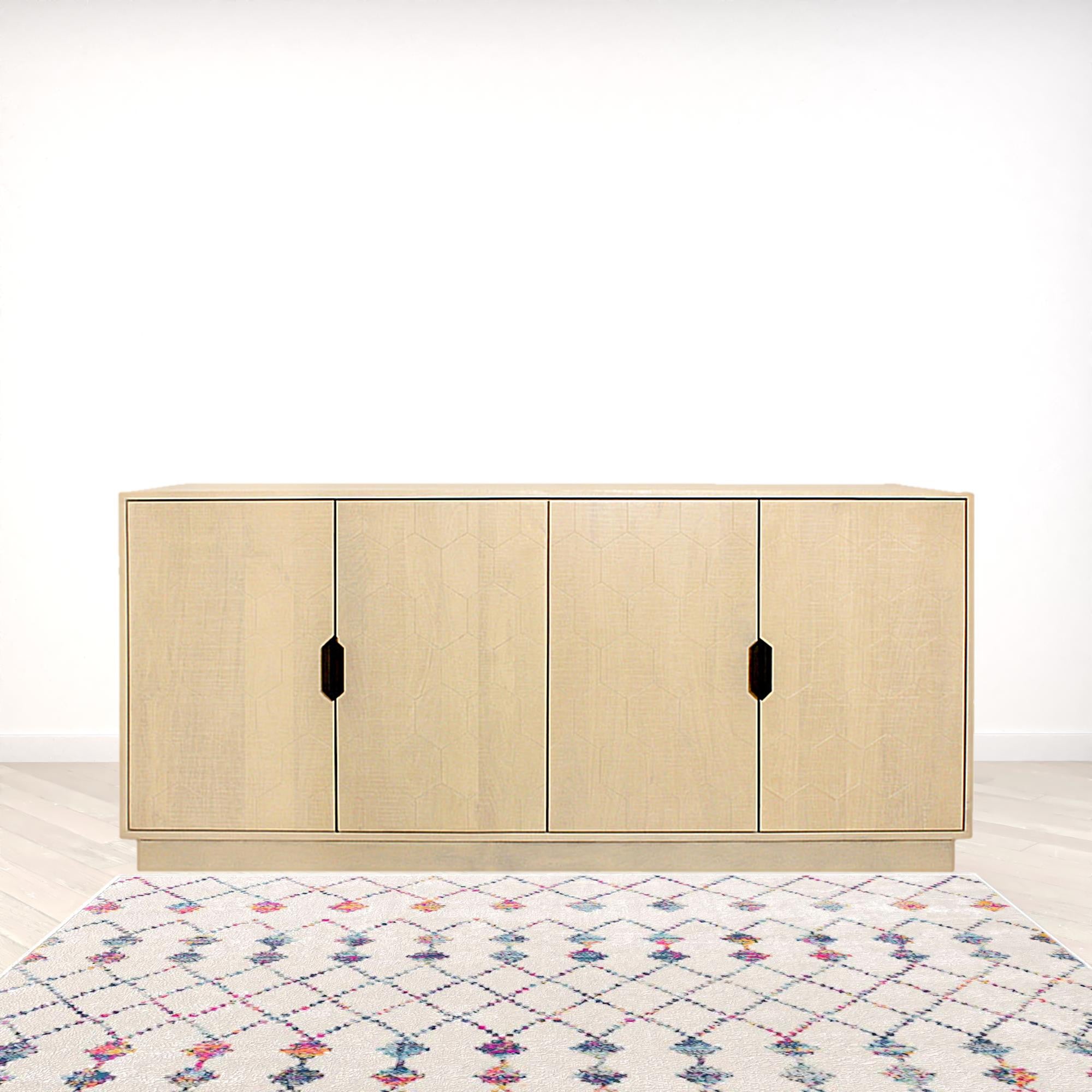 72" Natural Distressed Solid Wood Carved Geometric Sideboard with Four Doors