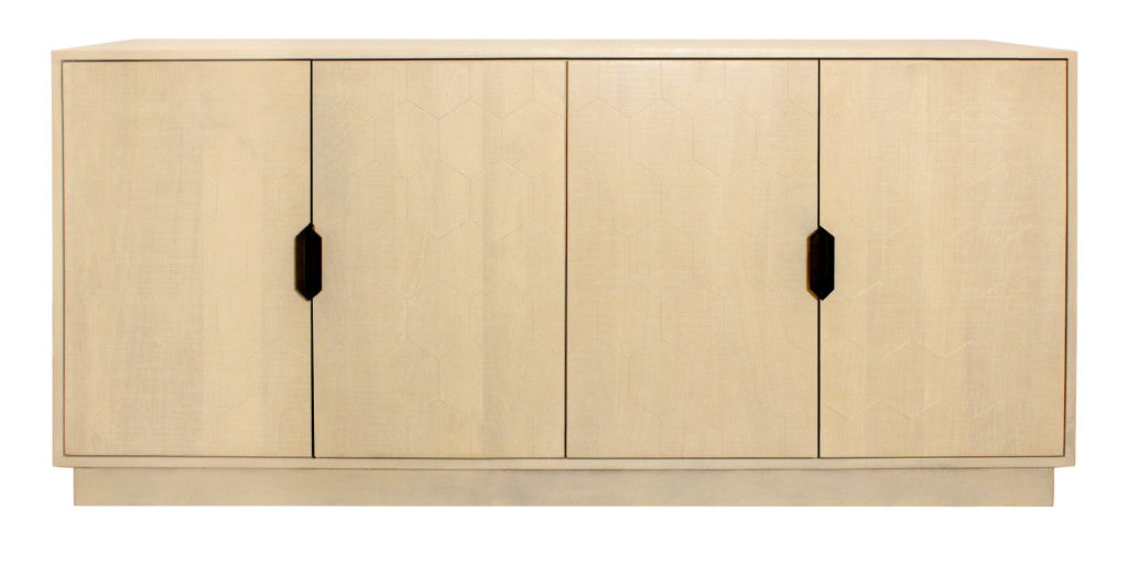 72" Natural Distressed Solid Wood Carved Geometric Sideboard with Four Doors