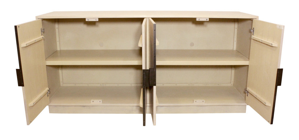 72" Natural Distressed Solid Wood Carved Geometric Sideboard with Four Doors