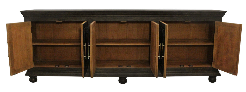 103" Black Distressed Solid Wood Carved Floral Sideboard with Six Doors