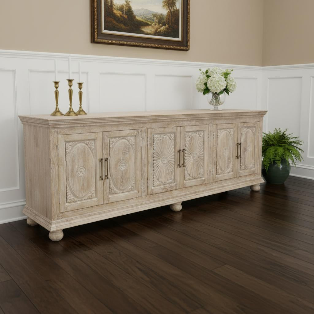103" Antiqued White Distressed Solid Wood Carved Floral Sideboard with Six Doors