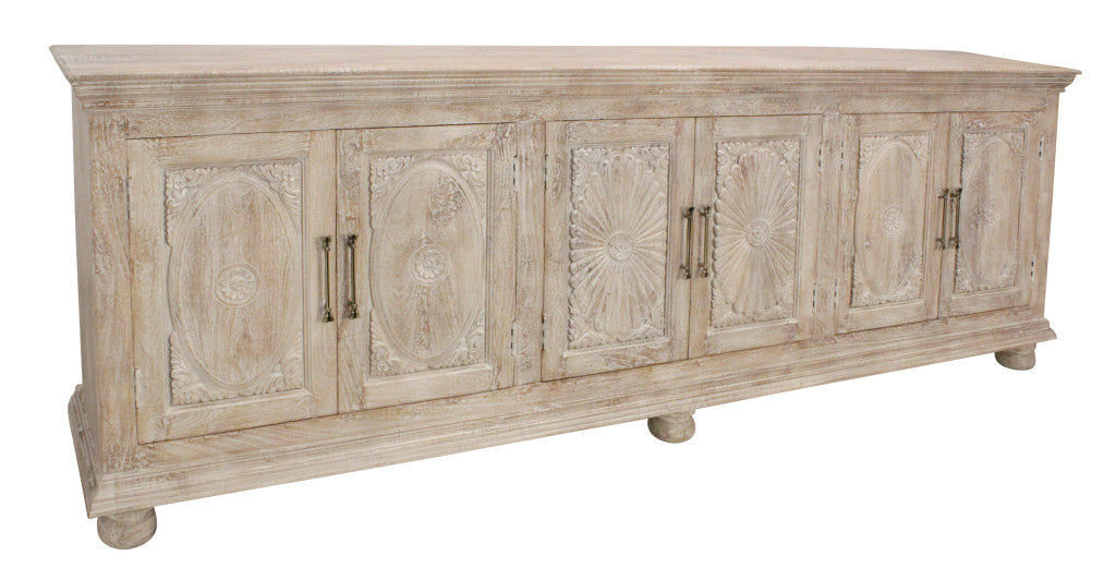 103" Antiqued White Distressed Solid Wood Carved Floral Sideboard with Six Doors