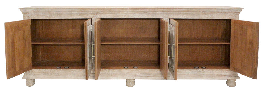 103" Antiqued White Distressed Solid Wood Carved Floral Sideboard with Six Doors