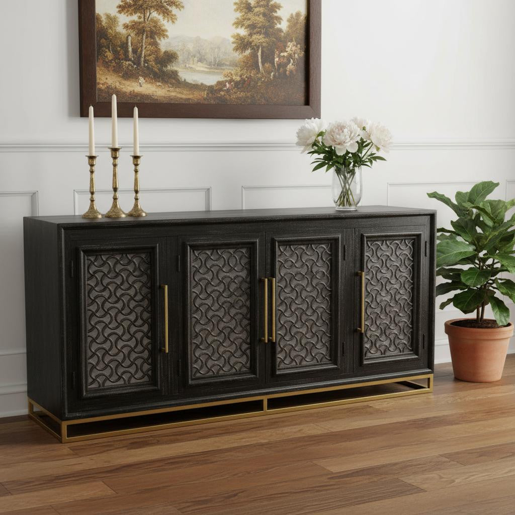 76" Black Distressed Solid Wood Carved Geometric Sideboard with Four Doors