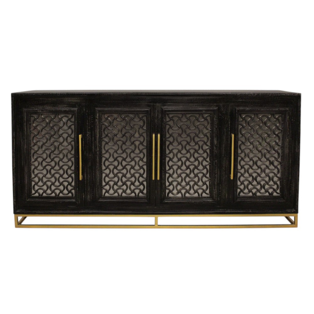 76" Black Distressed Solid Wood Carved Geometric Sideboard with Four Doors
