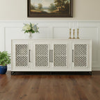 76" Antiqued White Distressed Solid Wood Carved Geometric Sideboard with Four Doors
