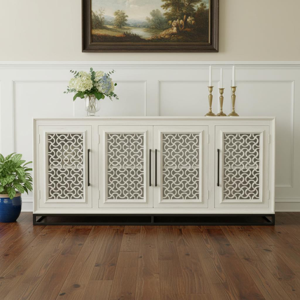 76" Antiqued White Distressed Solid Wood Carved Geometric Sideboard with Four Doors