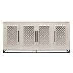 76" Antiqued White Distressed Solid Wood Carved Geometric Sideboard with Four Doors